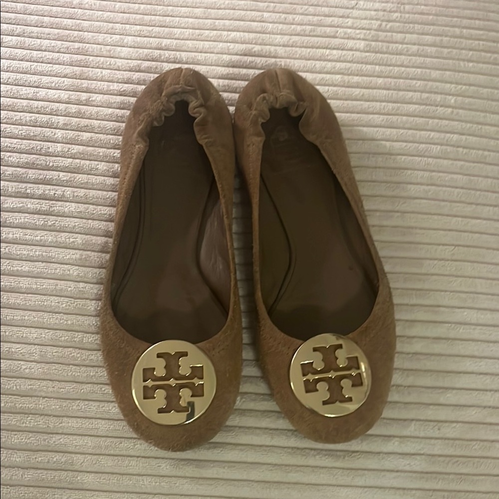 Tory Burch Reva Tan Suede Flats with Gold Logo